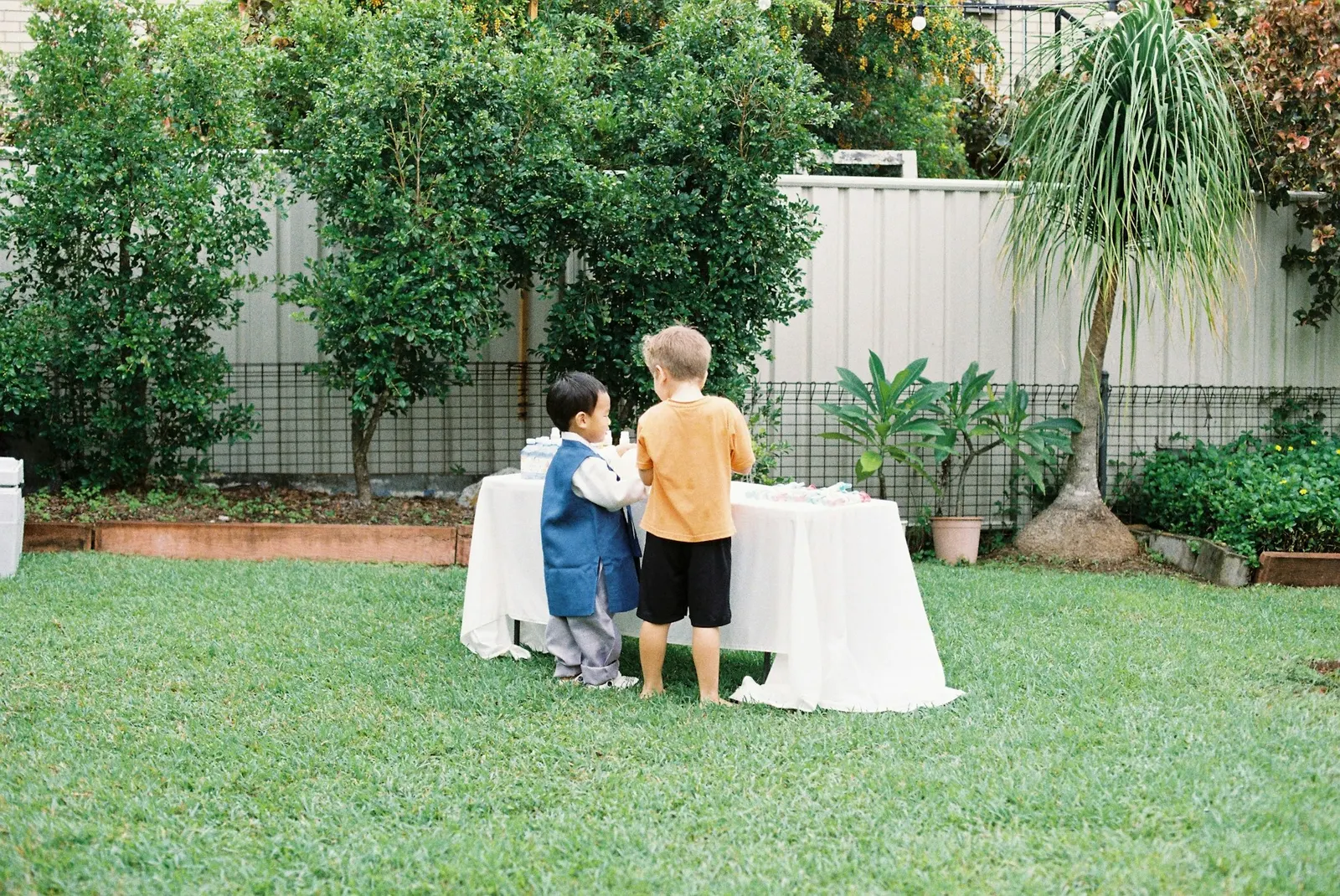 Two young children at a party table set up on a backyard lawn