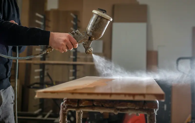 Refinisher spraying a fresh coat onto a wooden table top in a workshop