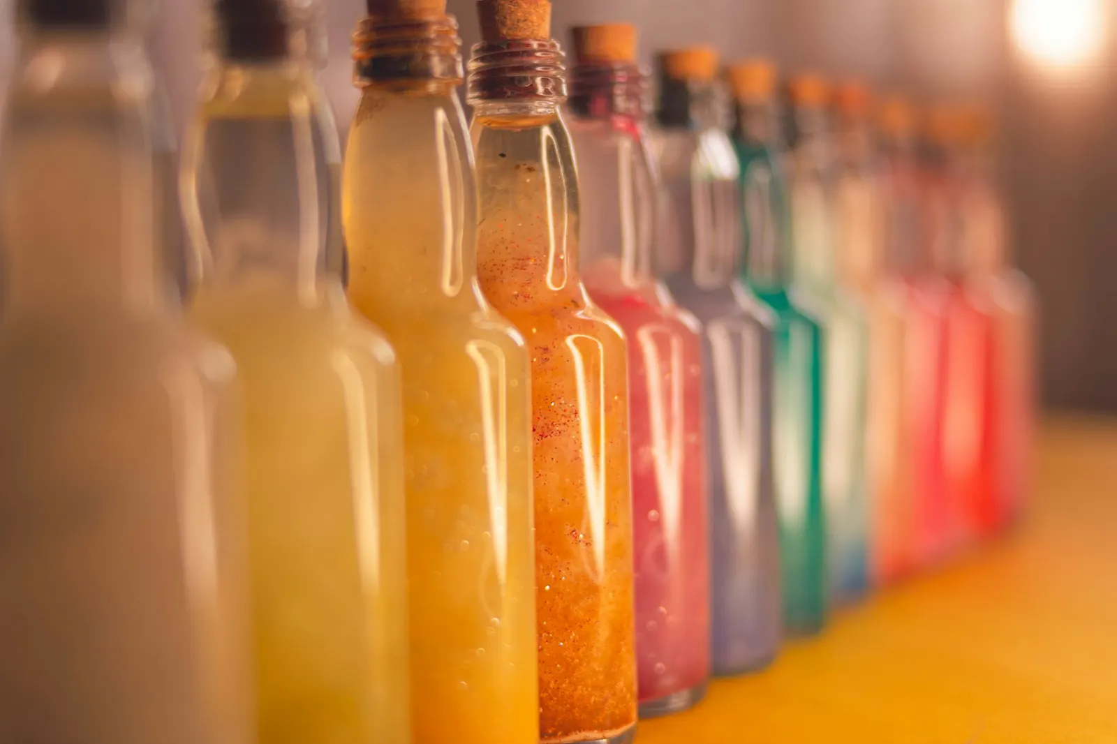 Row of glass bottles filled with brightly colored syrups in warm light