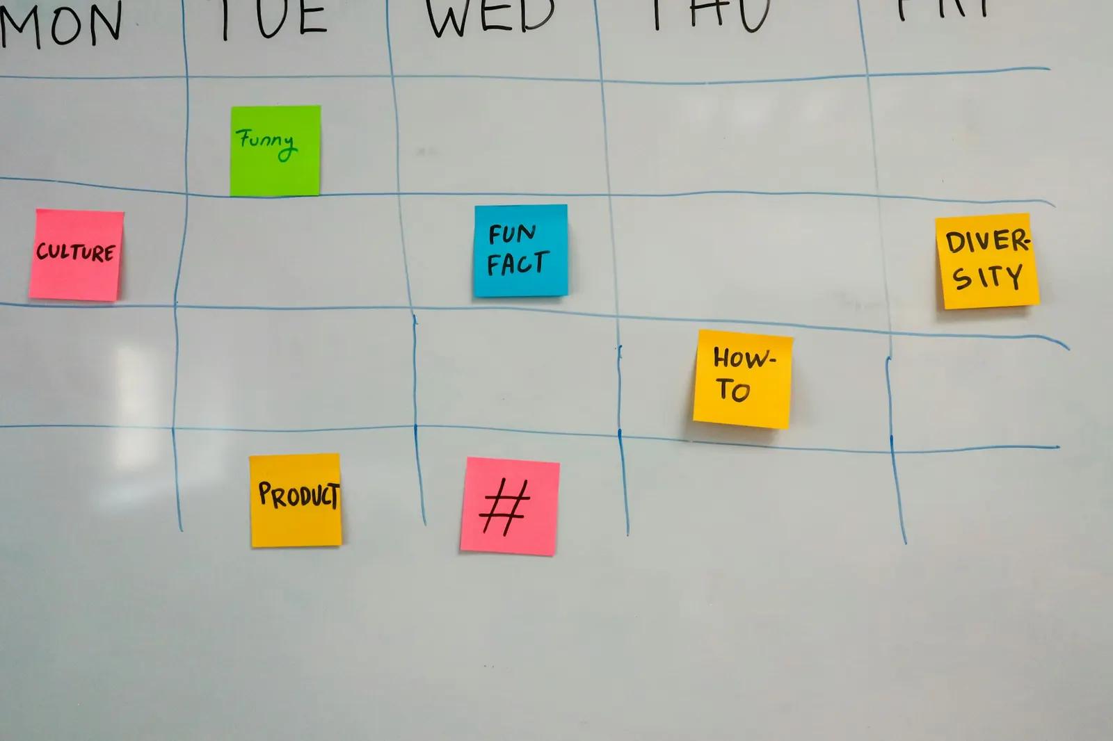 Whiteboard covered in colorful sticky notes for planning a content calendar