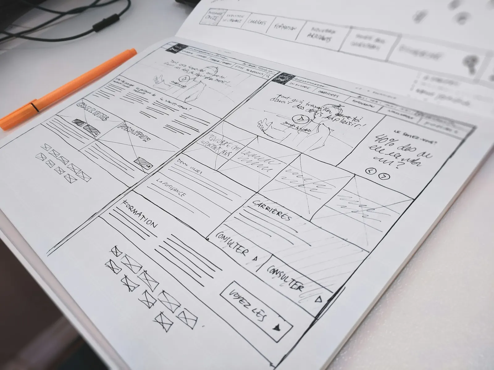 Hand-drawn website wireframe sketches on paper with an orange pen