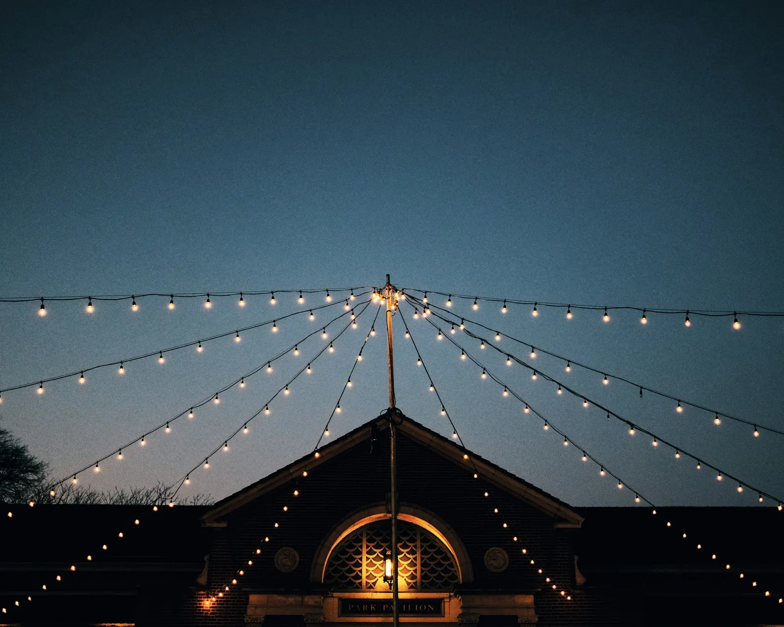 Canopy of string lights strung over an outdoor venue at dusk
